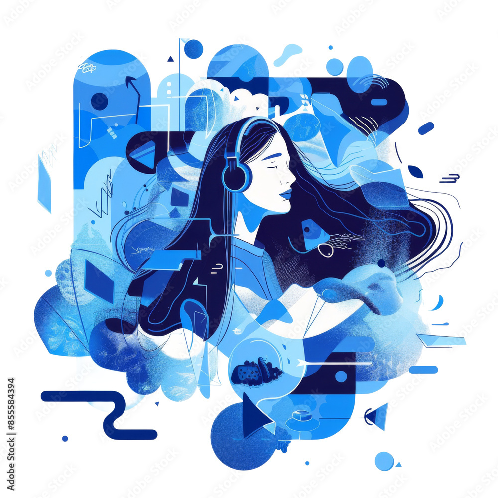Obraz premium Abstract Illustration of a Woman Listening to Music with Headphones in a Blue Geometric Background