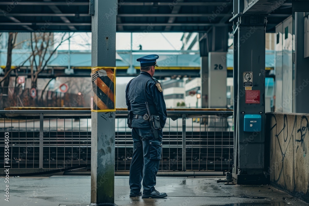 A police officer standing in front of a building, keeping watch, A security officer standing at their post, surveying the area with a watchful gaze A police officer standing in front of a building, keeping watch, A security officer standing at their post, surveying the area with a watchful gaze