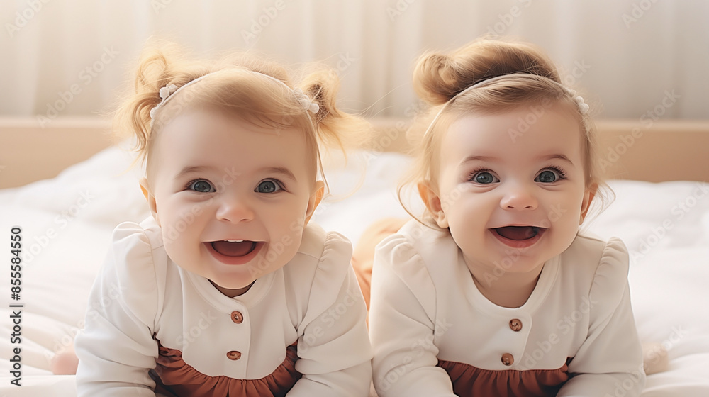 Two Adorable Twin Babies Smiling on a Bed
