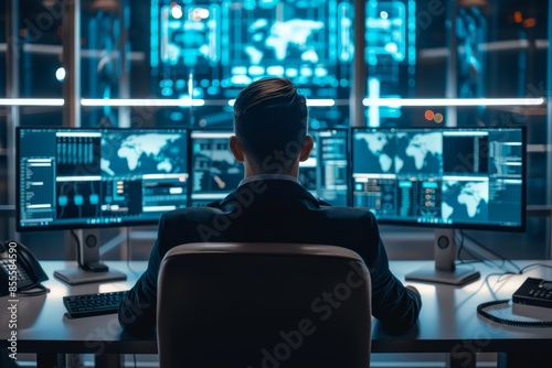 A man is seated at a desk, closely monitoring multiple computer monitors for security operations center analysis, A security operations center analyst monitoring for security incidents