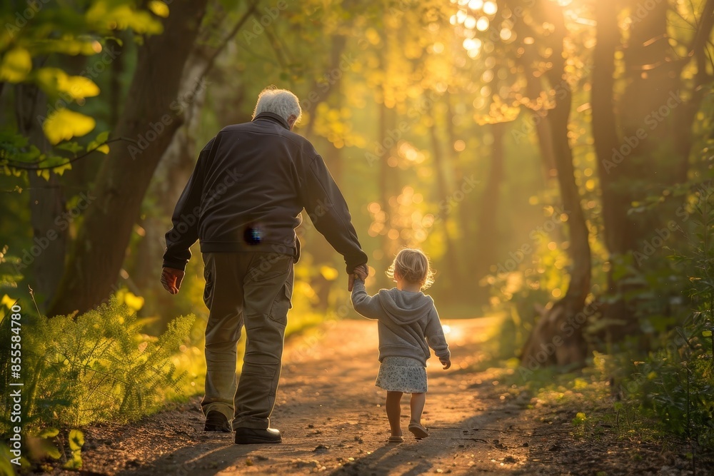 Fototapeta premium Senior man and young girl holding hands, walking along a dirt road, A senior holding hands with a grandchild while walking through a sunlit forest path