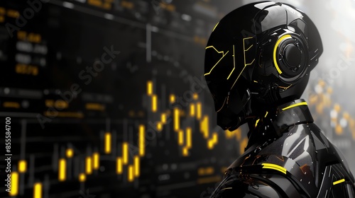 ultra minimalistic modern robot in suit and yellow forex trading graphic down on the background, deep dark shadows, black and yellow colors