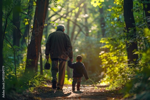 A man and child holding hands walk through a dense forest surrounded by tall trees and green foliage, A senior holding hands with a grandchild while walking through a sunlit forest path © Iftikhar alam