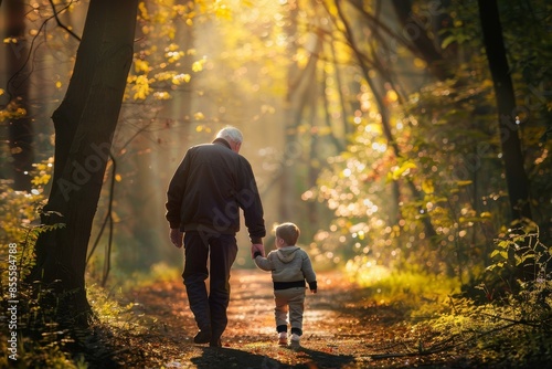 An elderly man and a child holding hands as they walk down a path in the woods, A senior holding hands with a grandchild while walking through a sunlit forest path © Iftikhar alam
