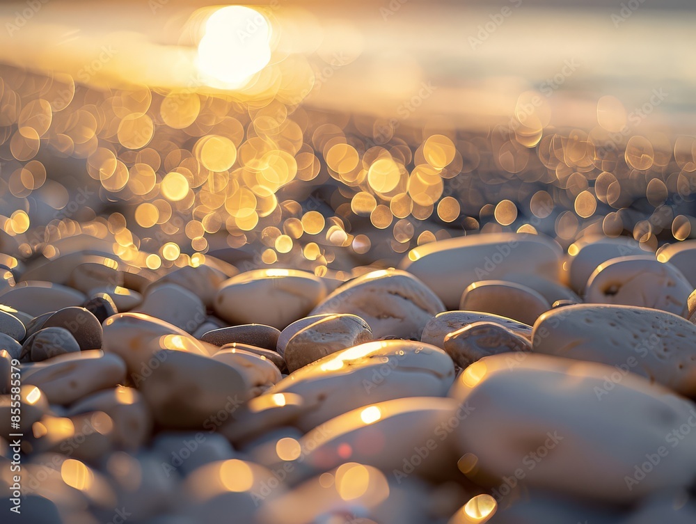 Fototapeta premium Beach pebbles under vibrant sunset, warm water glow