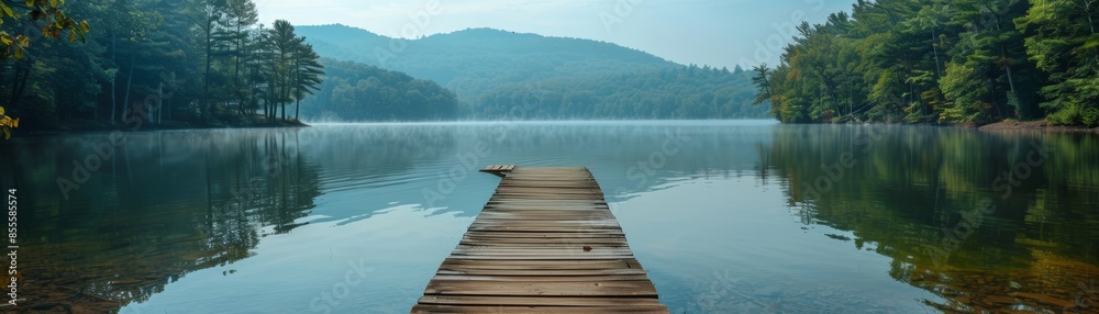 Tranquil lake with wooden dock jutting out into calm water, surrounded by lush green trees and distant blue mountains. Tranquil lake with wooden dock jutting out into calm water, surrounded by lush green trees and distant blue mountains.