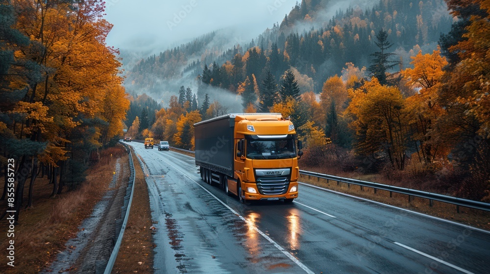 Obraz premium Semi-Truck Driving Through a Misty Autumn Forest