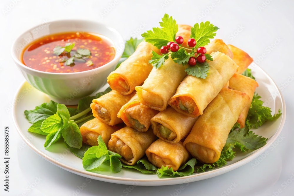 A plate of golden, crispy spring rolls, accompanied by fresh herbs and a bowl of sweet and sour fish sauce, displayed on a white background with natural light. A plate of golden, crispy spring rolls, accompanied by fresh herbs and a bowl of sweet and sour fish sauce, displayed on a white background with natural light.