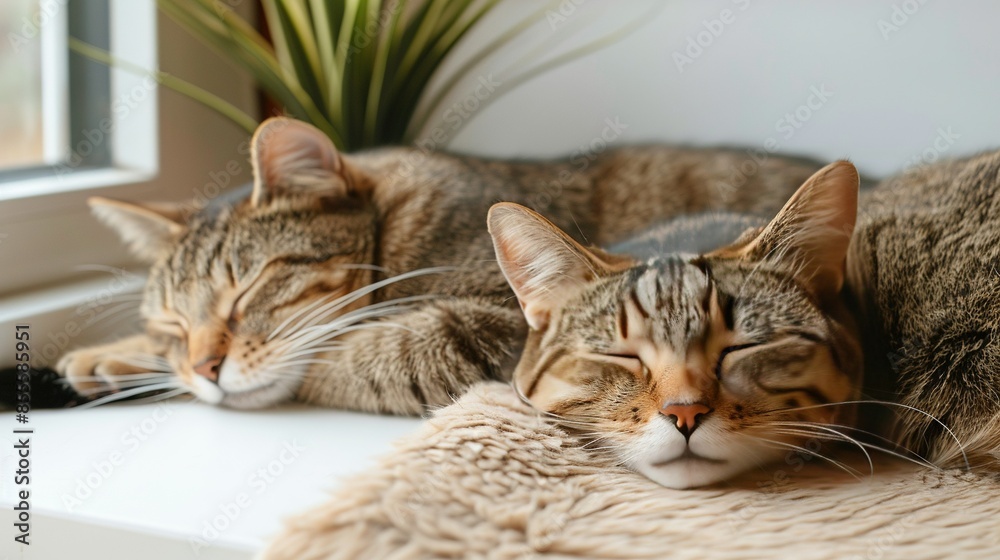 Two felines lounging beside each other on a windowsill with a nearby potted plant Two felines lounging beside each other on a windowsill with a nearby potted plant