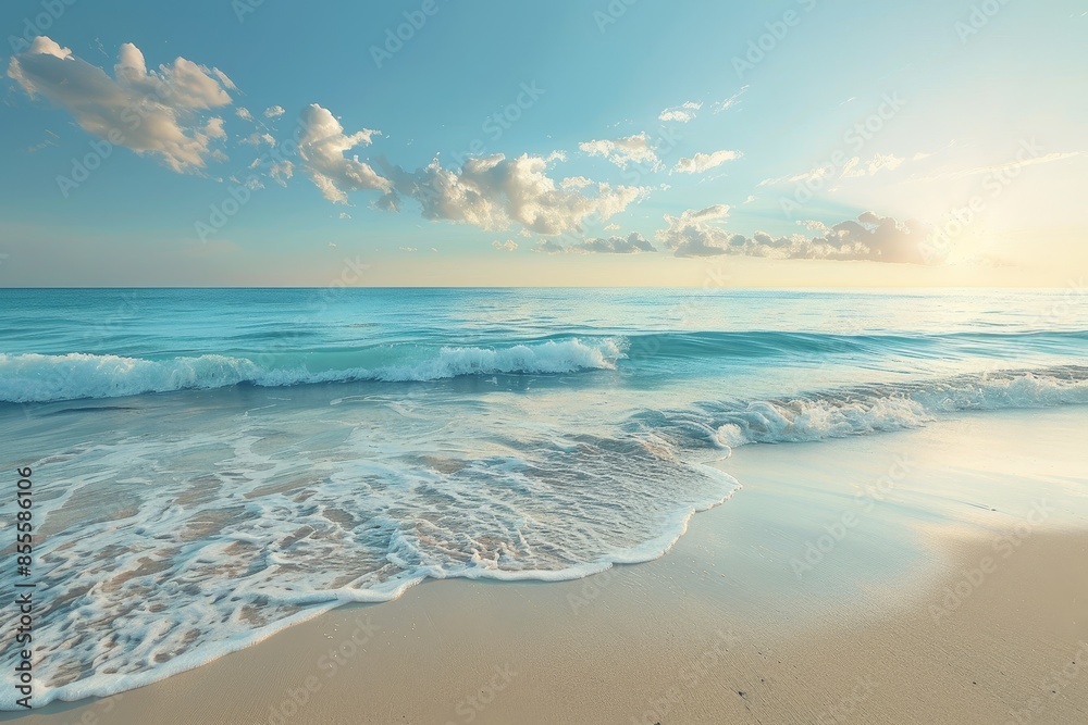 Waves roll onto a sandy beach in a continuous motion, A serene beach with gentle waves rolling onto the shore Waves roll onto a sandy beach in a continuous motion, A serene beach with gentle waves rolling onto the shore