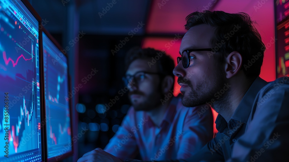 Fototapeta premium Two market analysts are observing the price movements of the stock market, forex, investment business, crypto prices, looking at prices to carry out buying and selling executions