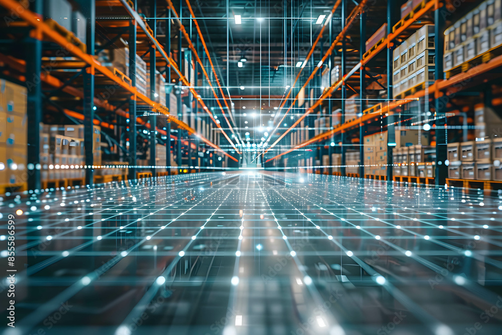 Obraz premium Internet of things and smart facility management concept, using internet and cloud technology for warehouse and infrastructure, digital data connecting
