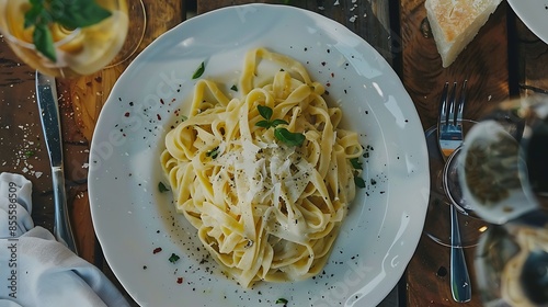 Top view of a plate of tagliatelli carbanara cuisine in a traditional restaurant setting photo