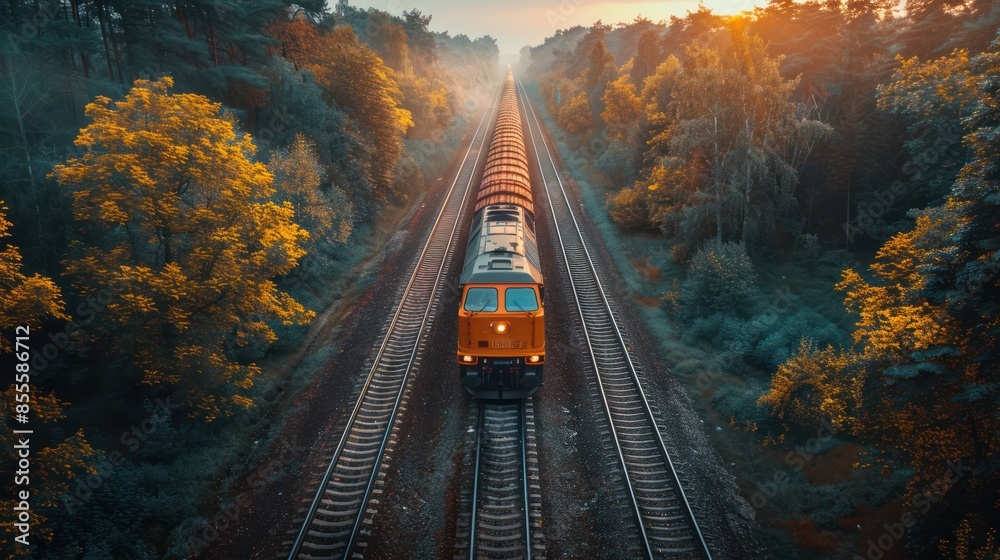 Naklejka premium Freight Train Through Autumn Forest at Sunset
