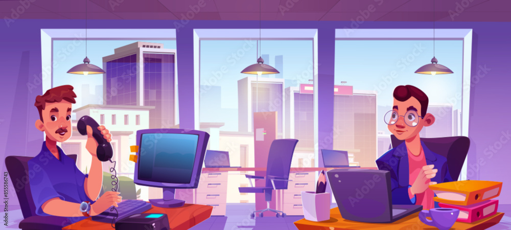Fototapeta premium Male worker characters in business office with desk and chair, computers and large window. Man sitting at table with pc monitor and laptop, phone and paper documents. Cartoon vector employee persons.