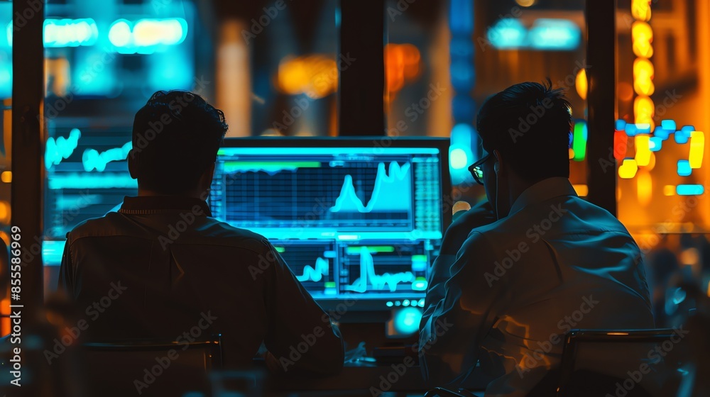 Two market analysts are observing the price movements of the stock market, forex, investment business, crypto prices, looking at prices to carry out buying and selling executions Two market analysts are observing the price movements of the stock market, forex, investment business, crypto prices, looking at prices to carry out buying and selling executions