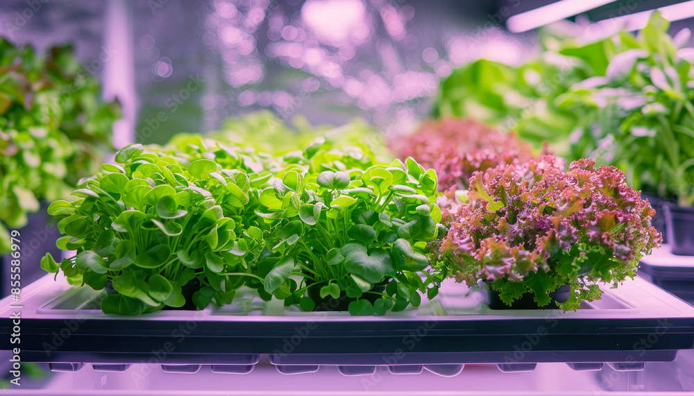 Lettuce plants growing in a greenhouse, with keywords related to plants and cuisine