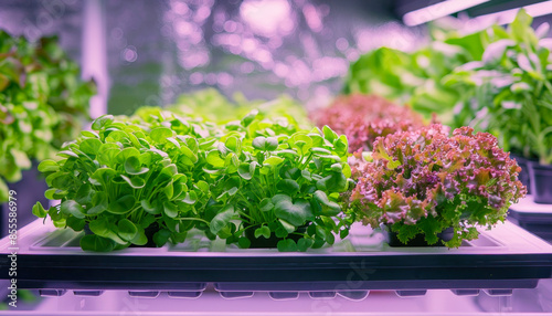 Lettuce plants growing in a greenhouse, with keywords related to plants and cuisine