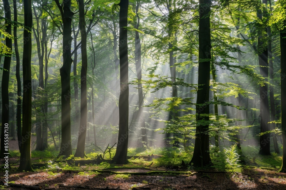 Fototapeta premium Dense forest with numerous trees illuminated by sunlight streaming through the canopy, A serene forest with sunlight streaming through the trees