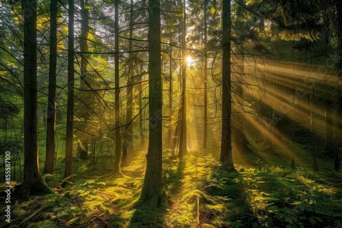 Sunlight filtering through dense tree canopy in a forest, A serene forest with sunlight streaming through the trees