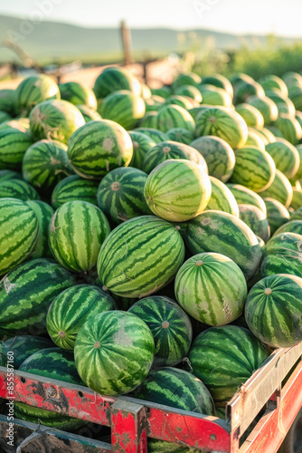 In a green field, a wagon with watermelons, a nutritious staple food rich in natural goodness