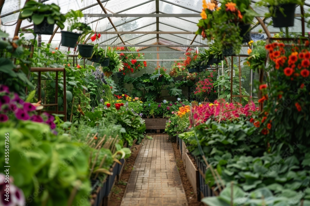 A greenery-filled greenhouse with a variety of plants and flowers thriving under controlled conditions, A serene greenhouse filled with an abundance of lush green plants and colorful flowers A greenery-filled greenhouse with a variety of plants and flowers thriving under controlled conditions, A serene greenhouse filled with an abundance of lush green plants and colorful flowers