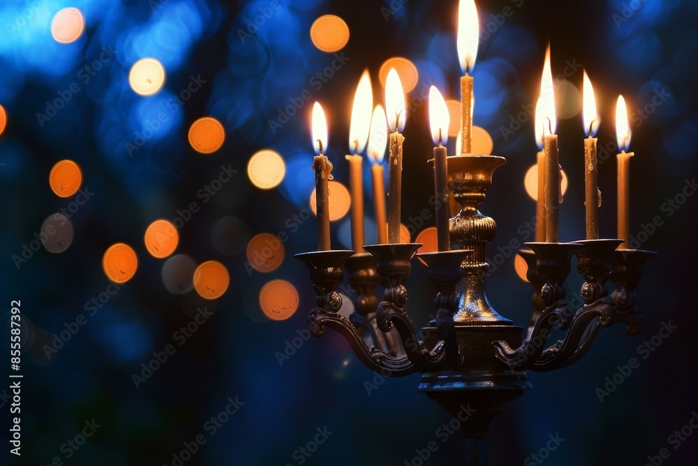 A chandelier holding numerous flickering candles, A serene Hanukkah menorah lighting ceremony A chandelier holding numerous flickering candles, A serene Hanukkah menorah lighting ceremony