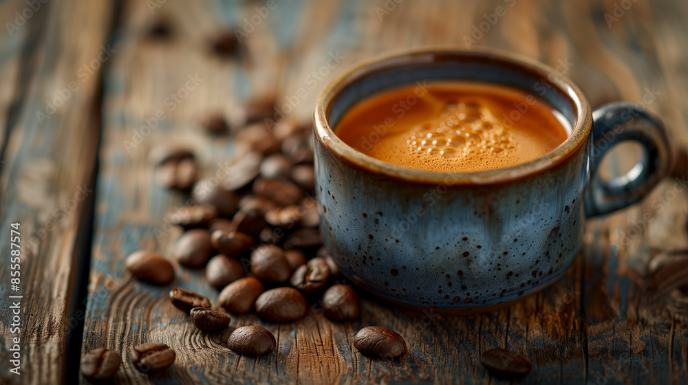 Close-up of Artisanal Espresso with Coffee Beans on Rustic Wooden Table Close-up of Artisanal Espresso with Coffee Beans on Rustic Wooden Table