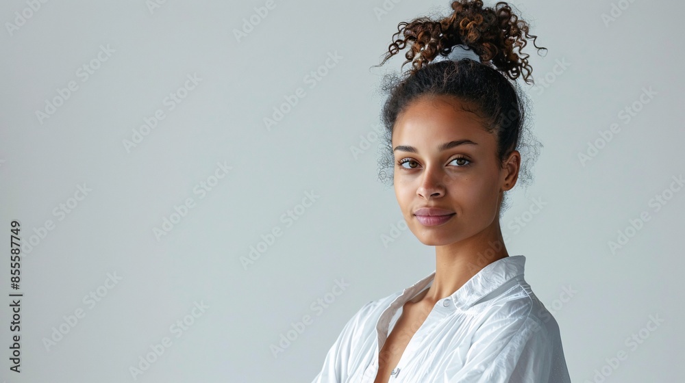 Against a clean, white background, a fashion model poses in a polyethylene outfit, representing the intersection of style and environmental awareness. The minimalist setting emphasizes the message of Against a clean, white background, a fashion model poses in a polyethylene outfit, representing the intersection of style and environmental awareness. The minimalist setting emphasizes the message of