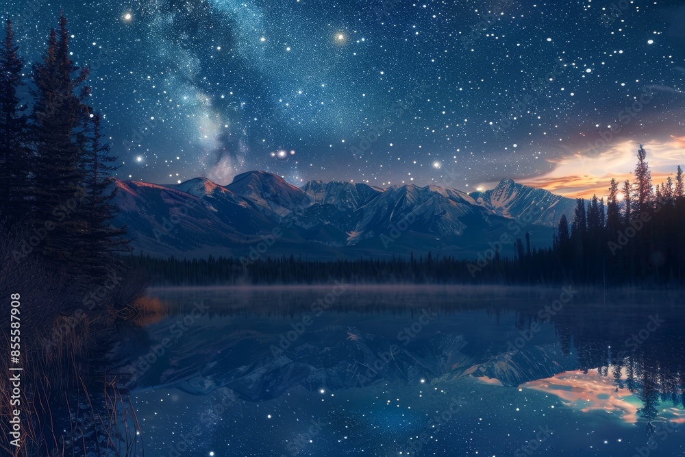 The night sky is mirrored in a lake, creating a stunning visual display of stars and their reflections on the waters surface, A serene lake reflecting the starry night sky above The night sky is mirrored in a lake, creating a stunning visual display of stars and their reflections on the waters surface, A serene lake reflecting the starry night sky above