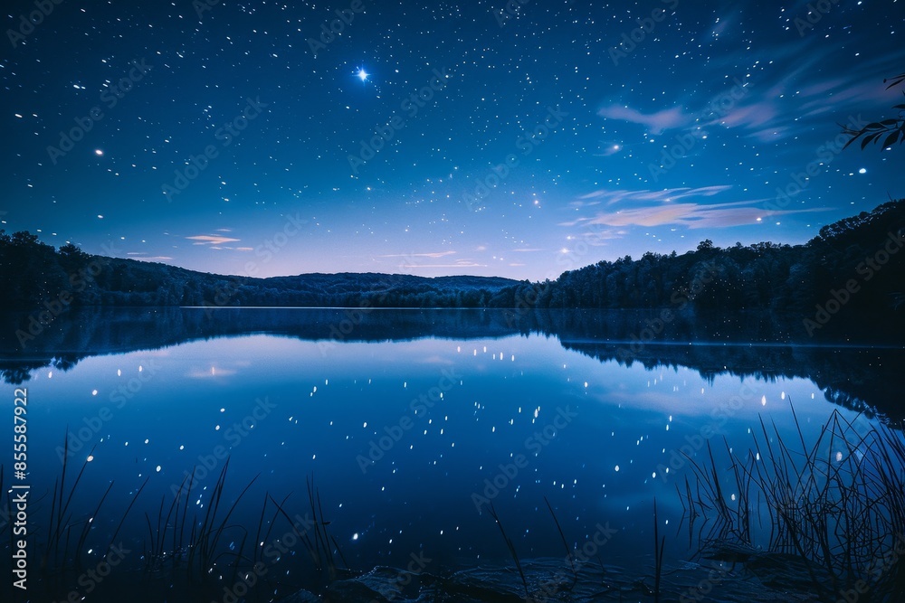 A lake reflecting stars in the night sky above, A serene lake reflecting the starry night sky above A lake reflecting stars in the night sky above, A serene lake reflecting the starry night sky above