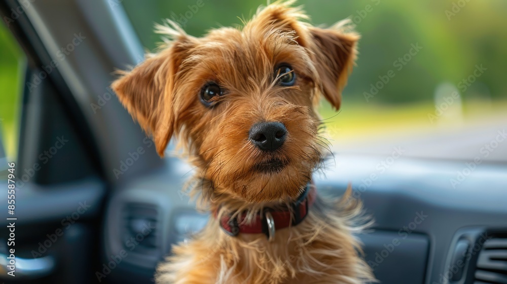 dog comfortably sitting in the back seat of a car, securely fastened with a safety belt. The dog looks content and relaxed, showcasing the importance of pet safety while traveling. dog comfortably sitting in the back seat of a car, securely fastened with a safety belt. The dog looks content and relaxed, showcasing the importance of pet safety while traveling.