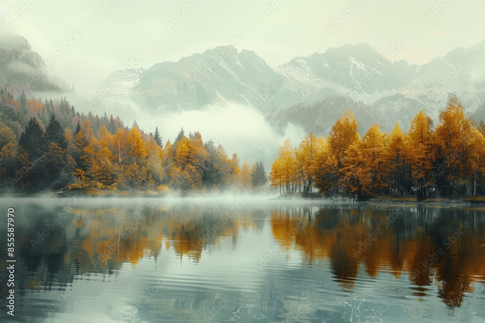 A painting of a lake surrounded by golden trees with mist hovering over the waters surface, A serene lake surrounded by golden trees and misty mountains A painting of a lake surrounded by golden trees with mist hovering over the waters surface, A serene lake surrounded by golden trees and misty mountains