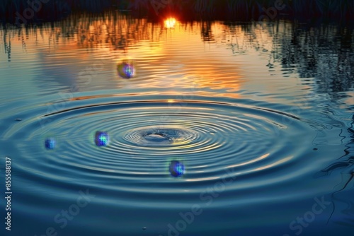 A water ripple with the sun setting in the background, reflecting vibrant colors, A serene lake with ripples reflecting the colors of a setting sun