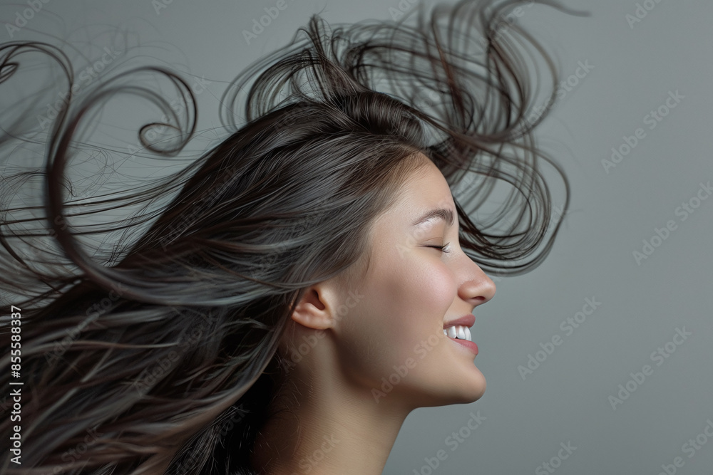beauty shoot of a female brunette model whose long, beautiful hair blows in the wind