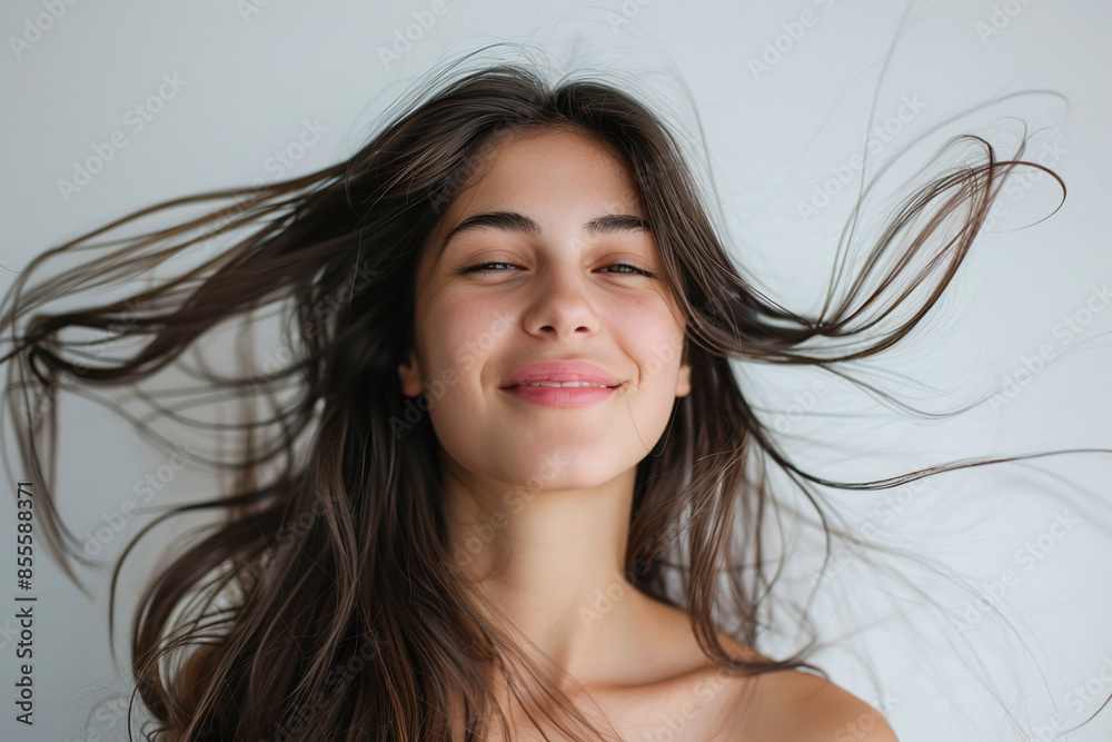 beauty shoot of a female brunette model whose long, beautiful hair blows in the wind beauty shoot of a female brunette model whose long, beautiful hair blows in the wind