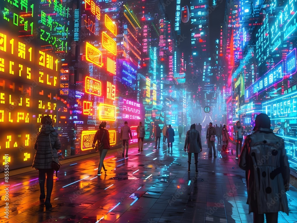 Neon Drenched Futuristic Market Street with Vibrant Digital Displays and a Diverse Crowd in a Cyber Atmosphere