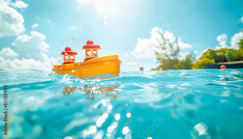 Two toy boats are peacefully floating on the surface of the calm water, creating a serene scene