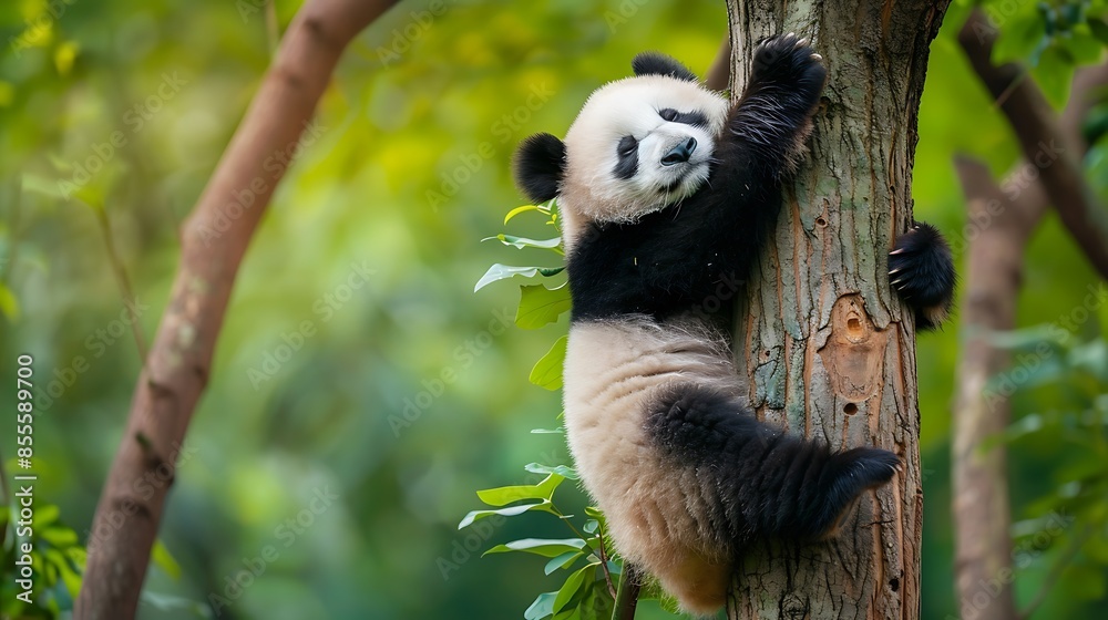 Fototapeta premium young panda climbing up and sleeping on the tree