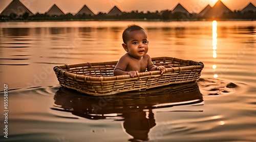 Baby Moses. Serenity in a Basket by the Nile at Sunset