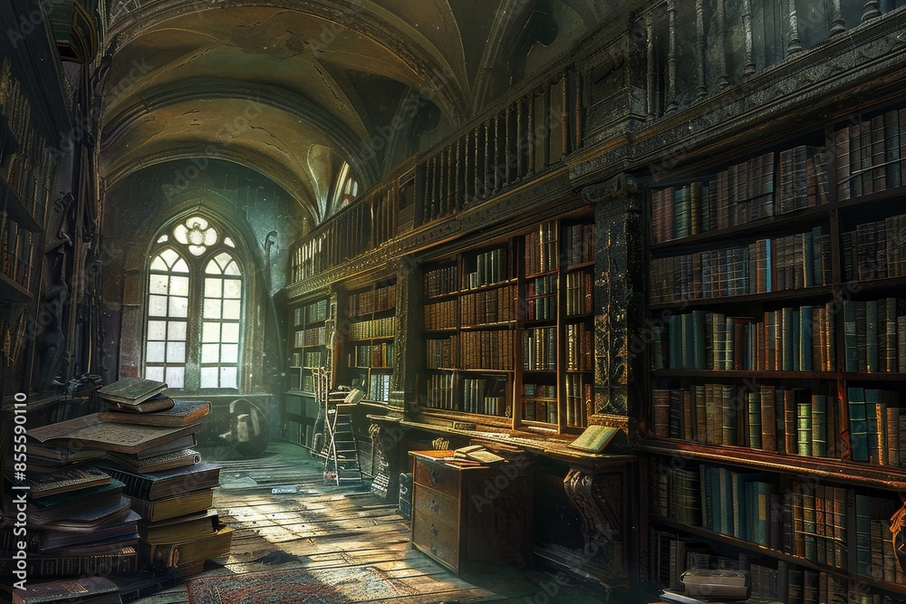 A library filled with ancient texts and dust, situated next to a window, A serene library filled with ancient texts and dusty tomes A library filled with ancient texts and dust, situated next to a window, A serene library filled with ancient texts and dusty tomes