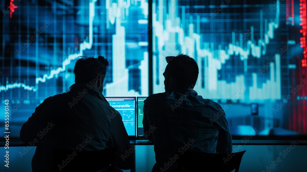 Fototapeta premium Two market analysts are observing the price movements of the stock market, forex, investment business, crypto prices, looking at prices to carry out buying and selling executions