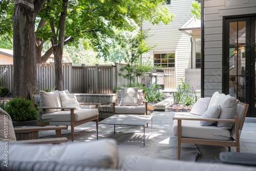 A patio surrounded by numerous pieces of furniture and lush trees, A serene outdoor patio area where clients can relax while waiting for their appointments © Iftikhar alam