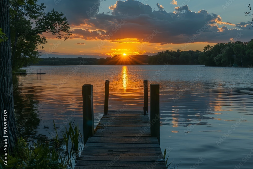 Fototapeta premium The sun dips below the horizon, casting a warm glow over the calm water, A serene sunset over a tranquil lake