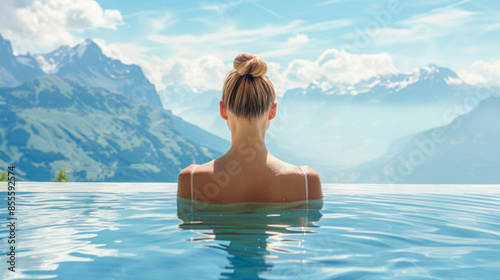 A woman is blissfully swimming in an infinity pool with majestic mountains in the background © ЮРИЙ ПОЗДНИКОВ