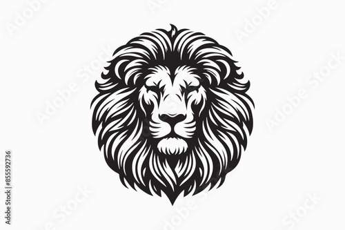 lion head, majestic mane, fierce expression, black and white illustration, symmetrical design, detailed linework, graphic art style, tribal tattoo aesthetic,