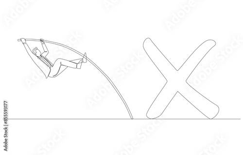 Continuous one line drawing of businessman jumping pole vault over cross sign, overcoming career mistake, learning from business failure concept, single line art.
