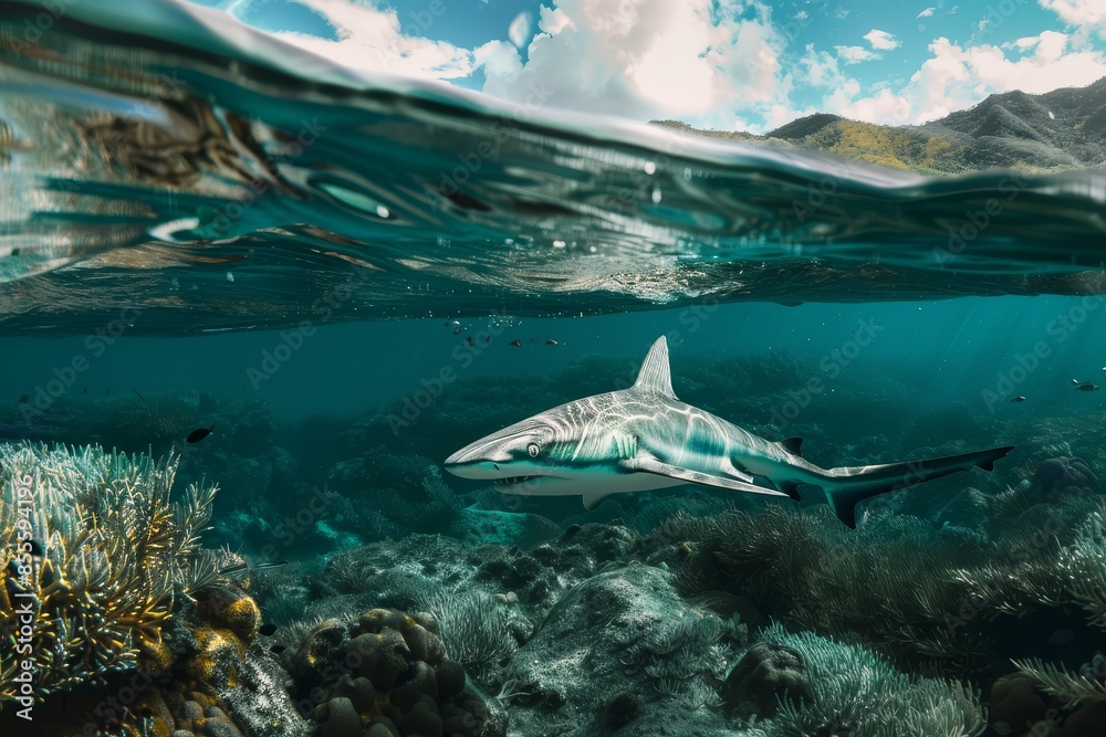 A painting of a shark gracefully swimming in its natural habitat of the ocean, A shark blending seamlessly into its ocean environment A painting of a shark gracefully swimming in its natural habitat of the ocean, A shark blending seamlessly into its ocean environment