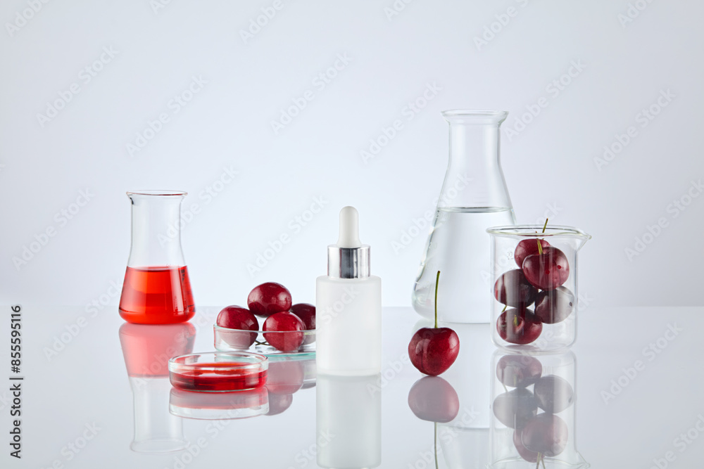 Several laboratory tools displayed on white background, which contains red cherry fruits. The blank label serum bottle placed in center for cosmetic product advertisement, blank space for text Several laboratory tools displayed on white background, which contains red cherry fruits. The blank label serum bottle placed in center for cosmetic product advertisement, blank space for text