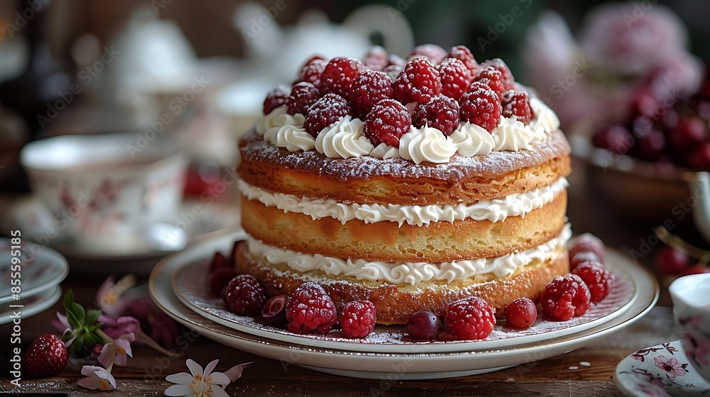 custom made wallpaper toronto digitalA Victoria Sponge cake set as part of a traditional British afternoon tea, surrounded by teacups, saucers, and a cozy, inviting setting, elegant presentation, hd quality, natural style, warm lighting